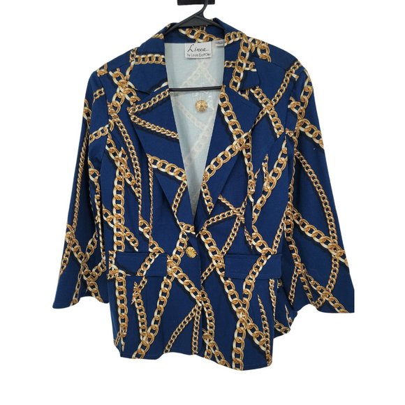 Linea Louis Dell' Olio Size Large Womens Jacket Blue Chain Print Blazer NWOT - Picture 1 of 6